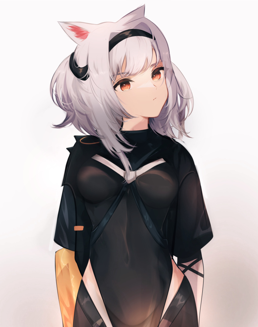 1girl, absurdres, animal_ears, arknights, bangs, black_hairband, commentary, covered_navel