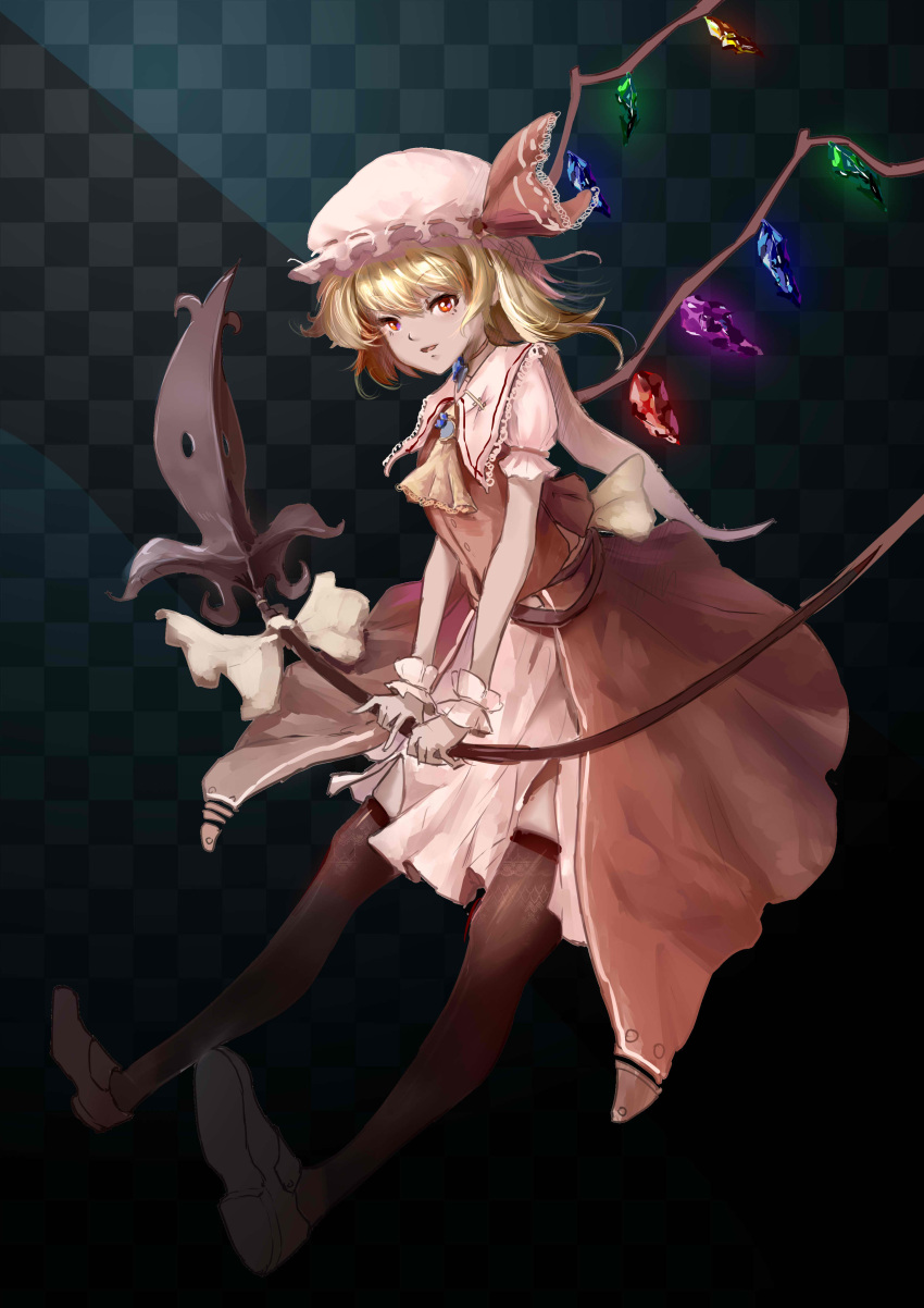 1girl, absurdres, blonde_hair, bloody_cuke, checkered, checkered_background, chess_piece, diamond_(shape)
