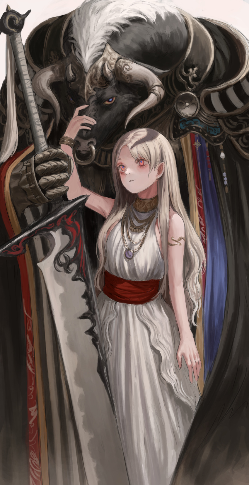 1girl, absurdres, animal_ears, bare_shoulders, closed_mouth, collar, cow_ears, cow_horns