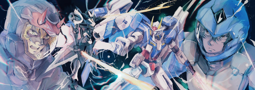 00_gundam, 00_raiser, 2boys, bangs, beam_saber, black_hair, black_headwear, blonde_hair