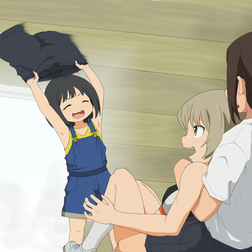 3girls, :d, absurdres, akebi-chan_no_serafuku, akebi_kao, armpits, assisted_exposure, black_hair, blonde_hair, brown_hair, child, commentary, gobanme_no_mayoi_neko, gym_uniform, highres, minakami_riri, multiple_girls, overalls, short_hair, short_shorts, shorts, shorts_removed, sitting, smile, sweatdrop, undressing_another, usagihara_touko, yellow_eyes