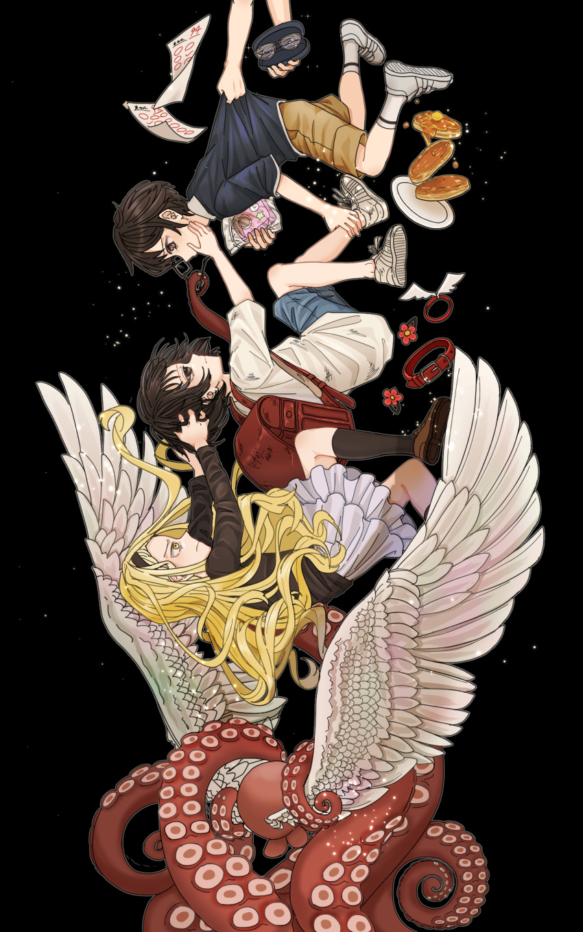1boy, 2girls, angel_wings, azuma_naoki, backpack, bag, black_background, black_hair
