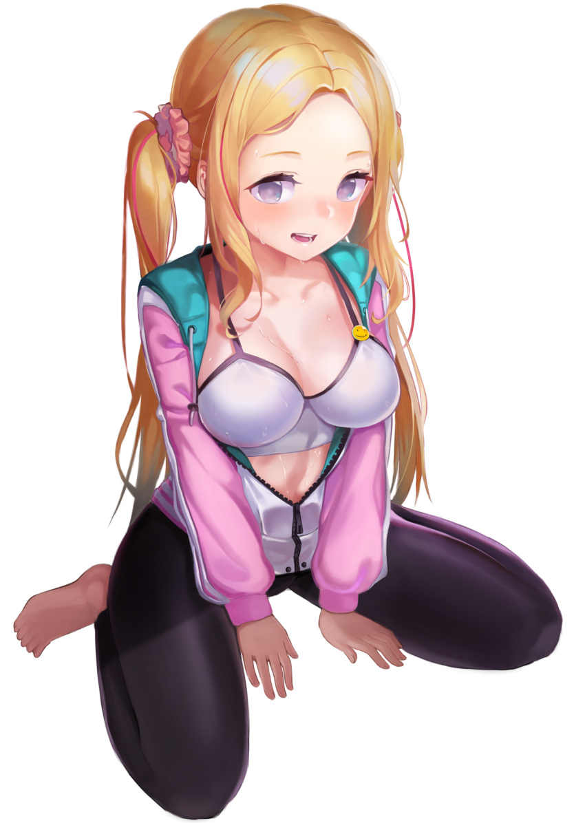 1girl, adella_(some_some_convenience_store), barefoot, bikini, bikini_top_only, black_legwear, blonde_hair, blush, breasts, hair_ornament, hair_scrunchie, highres, jacket, large_breasts, leggings, long_hair, long_sleeves, looking_at_viewer, multicolored_hair, navel, open_clothes, open_jacket, open_mouth, pink_jacket, pink_scrunchie, scrunchie, simple_background, sitting, solo, some_some_convenience_store, streaked_hair, sweat, swimsuit, taena, unzipped, very_long_hair, violet_eyes, wariza, white_background, white_bikini, zipper, zipper_pull_tab