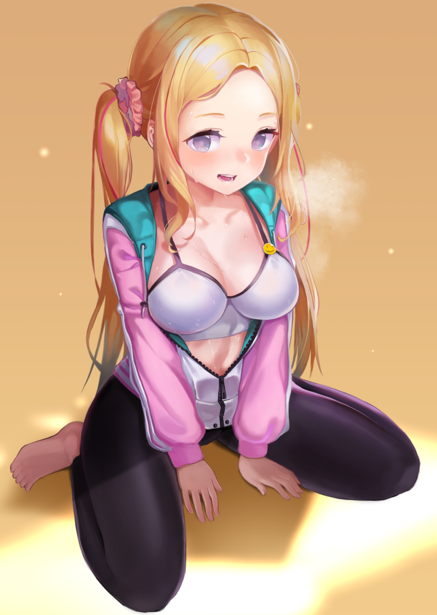 1girl, adella_(some_some_convenience_store), barefoot, bikini, bikini_top_only, black_legwear, blonde_hair, blush