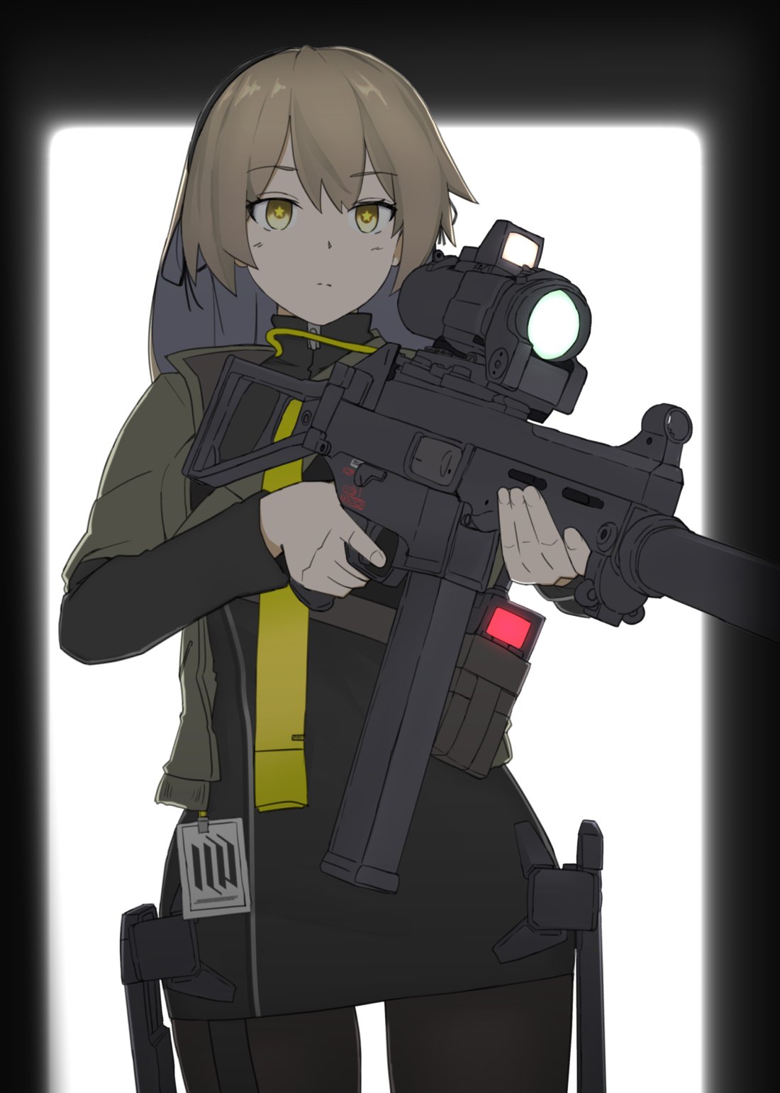 1girl, bangs, black_legwear, black_ribbon, brown_hair, closed_mouth, cowboy_shot, exoskeleton