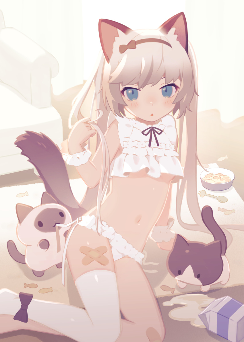 1girl, absurdres, animal_ears, ankle_bow, arm_support, backlighting, bandaid, bandaid_on_knee