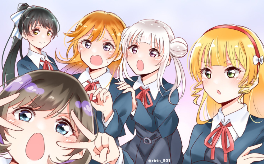 5girls, arashi_chisato, bangs, black_dress, black_hair, blazer, blonde_hair, blue_eyes, blue_jacket, blunt_bangs, brown_hair, confused, double_bun, double_v, dress, eyebrows_visible_through_hair, green_eyes, hairband, hazuki_ren, heanna_sumire, jacket, kotori_photobomb, long_hair, love_live!, love_live!_sunshine!!, love_live!_superstar!!, multicolored_hair, multiple_girls, neck_ribbon, orange_hair, parody, pink_eyes, ponytail, purple_hair, red_hairband, red_ribbon, ribbon, ririn_(ririn_501), shibuya_kanon, short_hair, smile, streaked_hair, tang_keke, twintails, v, violet_eyes, white_hair, yellow_eyes