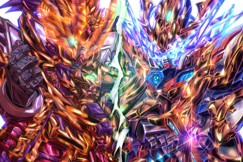 blue_eyes, cao_cao_wing_gundam_isei_style, glowing, glowing_eye, green_eyes, gundam, holding, holding_sword