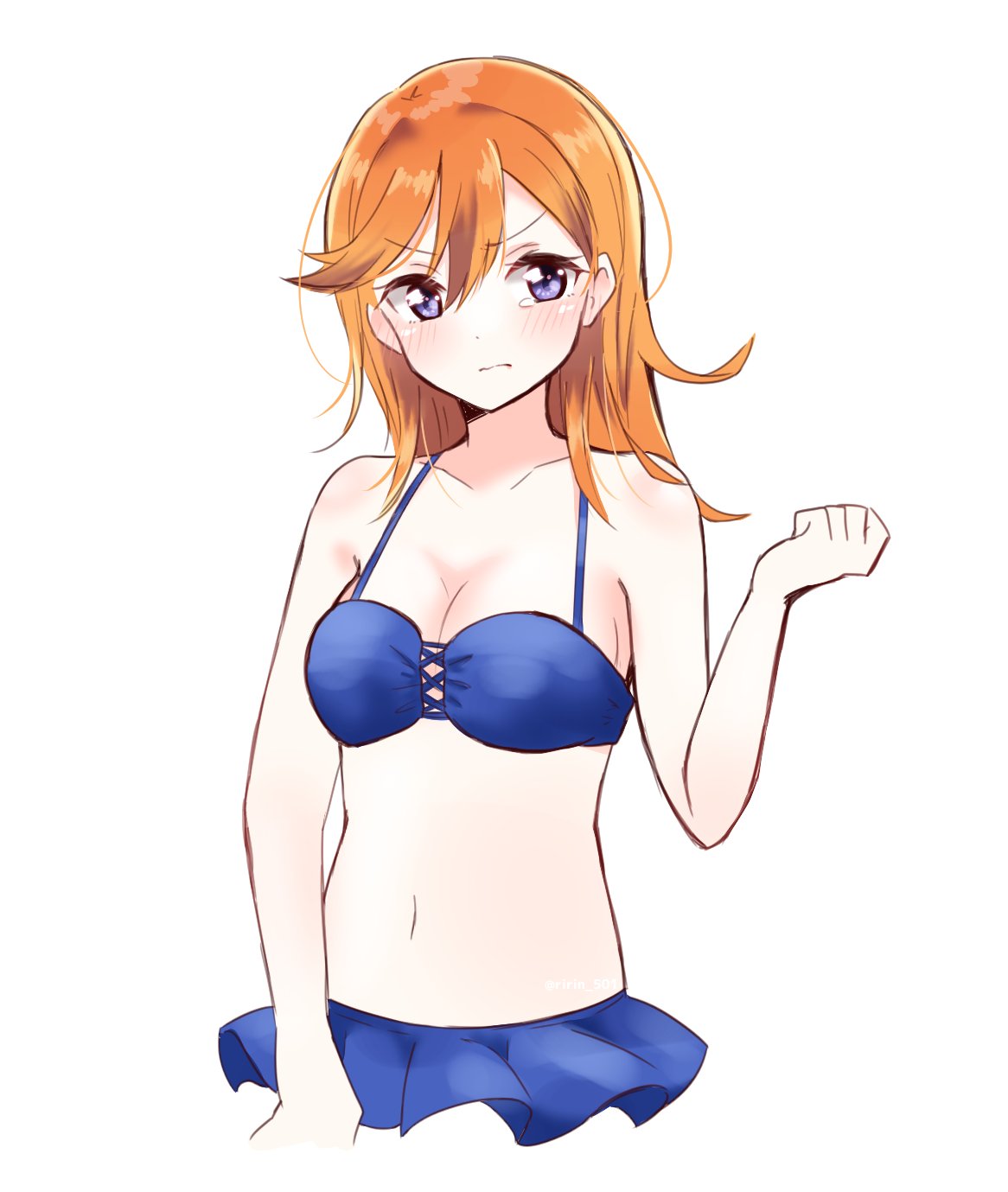 1girl, annoyed, bikini, bikini_skirt, blue_bikini, blue_skirt, blush, clenched_hand
