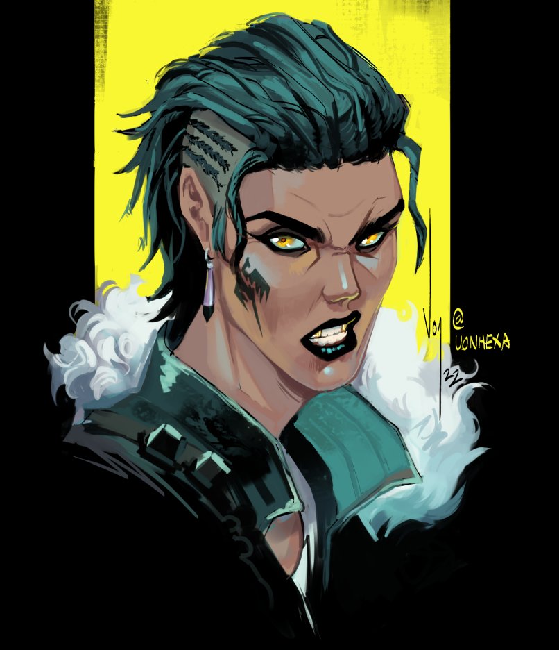 1girl, apex_legends, black_hair, black_jacket, black_lips, earrings, english_commentary, facial_mark