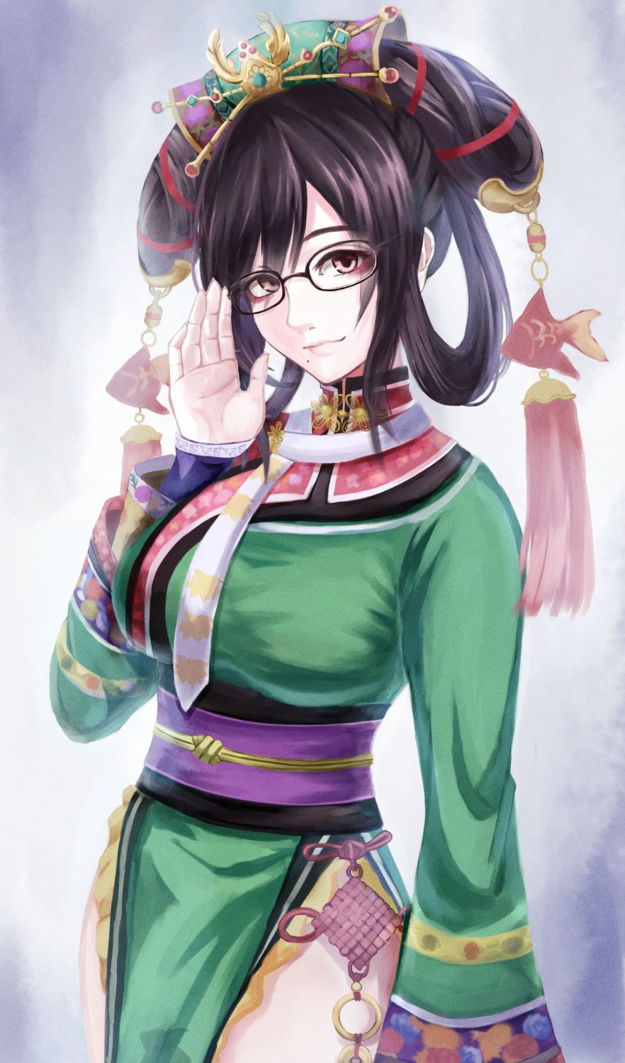 1girl, adjusting_eyewear, akito1218, black-framed_eyewear, black_hair, chinese_clothes, dalachi_(headdress), glasses