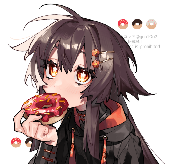 1girl, antenna_hair, bangs, black_hoodie, black_shirt, brown_hair, commentary_request, doughnut