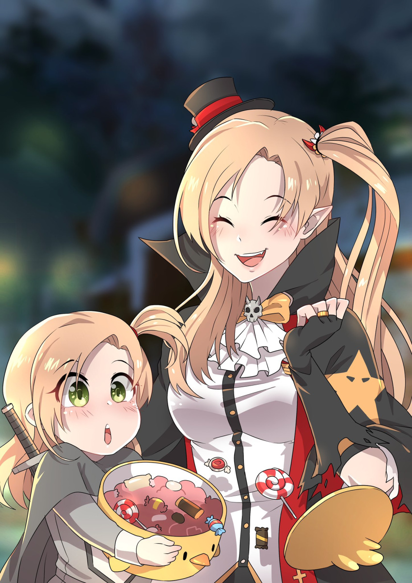 2girls, azur_lane, bangs, black_gloves, blonde_hair, blurry, blurry_background, blush, bow, candy, canned_sardines, cape, cleveland_(azur_lane), cleveland_(reaper_fever)_(azur_lane), closed_eyes, commission, eyebrows_visible_through_hair, eyes_visible_through_hair, fingerless_gloves, food, gloves, green_eyes, hair_ornament, halloween, halloween_bucket, halloween_costume, hat, highres, jewelry, lollipop, long_hair, long_sleeves, mini_hat, mini_top_hat, mother_and_daughter, multiple_girls, official_alternate_costume, one_side_up, pointy_ears, ring, second-party_source, shirt, sidelocks, skull, smile, star_(symbol), sword, top_hat, weapon, weapon_on_back, wedding_band, yellow_bow