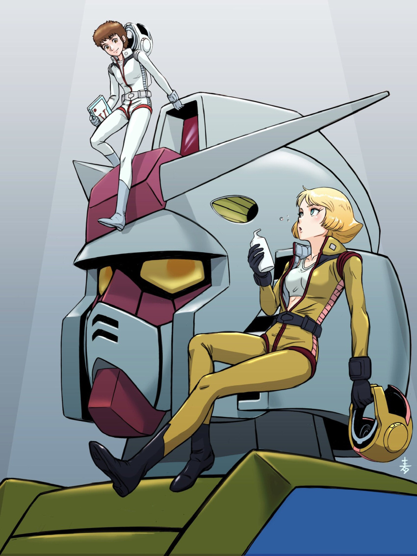 1boy, 1girl, amuro_ray, aobito_sukayaka_bystander, black_gloves, blonde_hair, blue_eyes, book