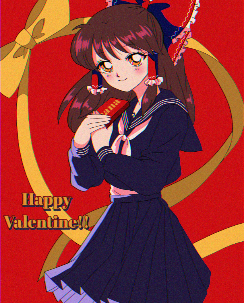1990s_(style), 1girl, alternate_costume, black_shirt, black_skirt, bow, box, box_of_chocolates