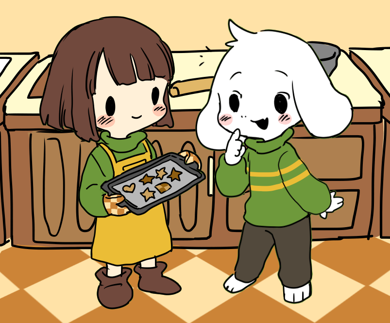 1boy, 1other, apron, asriel_dreemurr, baking_sheet, bangs, blush, bob_cut, brown_hair, brown_pants, chara_(undertale), cookie, food, furry, furry_male, green_shirt, heart, ikuta_semi, kitchen, long_sleeves, looking_at_another, medium_hair, multicolored_shirt, oven_mitts, pants, shirt, tail, turtleneck, undertale, white_fur, yellow_shirt