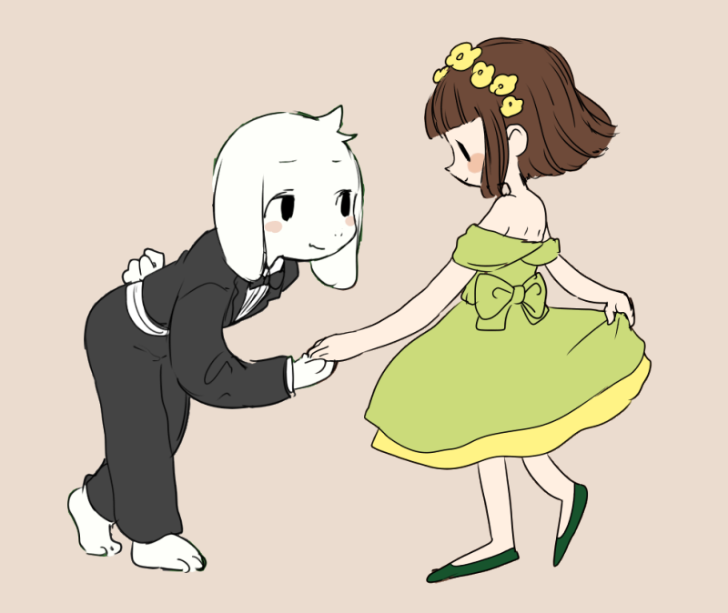 1boy, 1girl, alternate_costume, arm_behind_back, asriel_dreemurr, bangs, blush, bob_cut