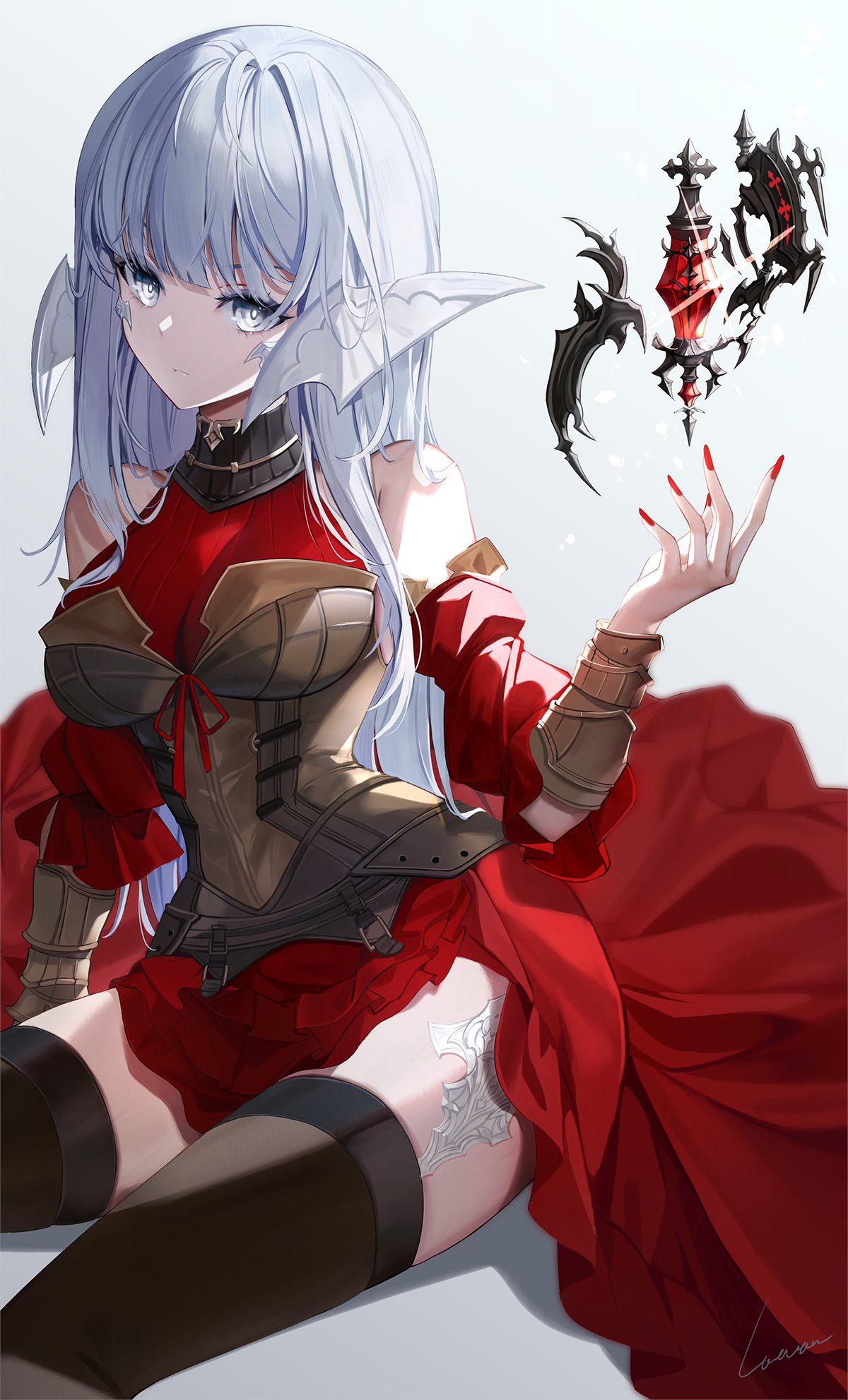 1girl, armor, armored_dress, au_ra, avatar_(ff14), bare_shoulders, black_legwear, breasts