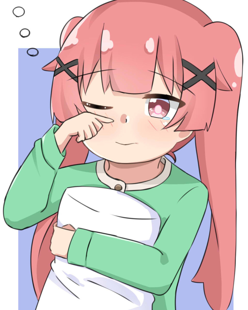 1girl, blue_background, blush, brown_eyes, closed_mouth, commentary_request, green_pajamas, green_shirt