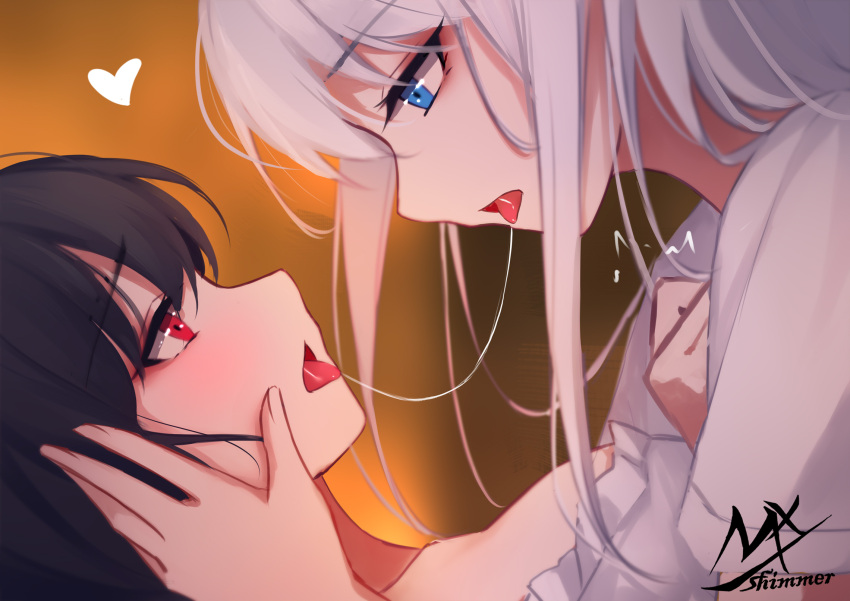 2girls, ^^^, angel_and_devil, angel_girl_(shimmer), artist_name, bangs, black-haired_demon_girl_(shimmer), black_hair