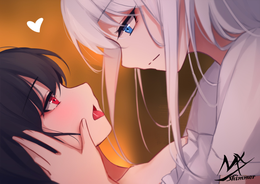 2girls, angel_and_devil, angel_girl_(shimmer), artist_name, bangs, black-haired_demon_girl_(shimmer), black_hair, blue_eyes