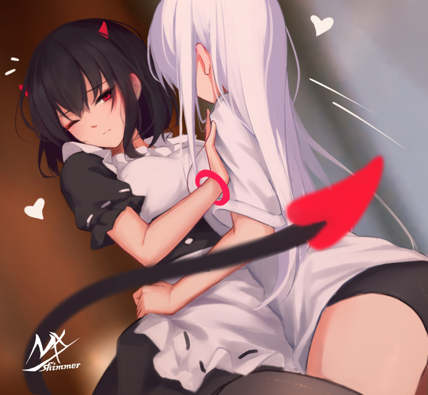 2girls, angel_and_devil, angel_girl_(shimmer), apron, ass, black-haired_demon_girl_(shimmer), black_dress, black_hair