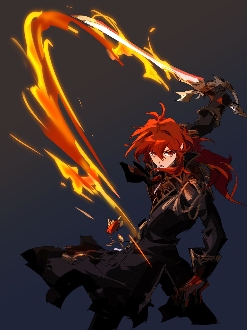 1boy, absurdres, bishounen, black_coat, black_gloves, coat, diluc_(genshin_impact), fire, genshin_impact, gloves, highres, long_hair, lupwhale, male_focus, open_mouth, ponytail, red_eyes, redhead, serious, simple_background, solo, sword, weapon