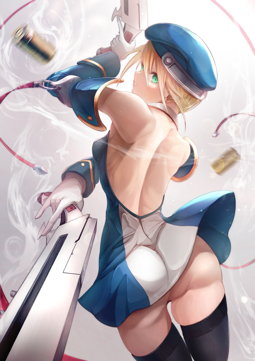 1girl, absurdres, ass, back, backless_dress, backless_outfit, bare_shoulders, beret
