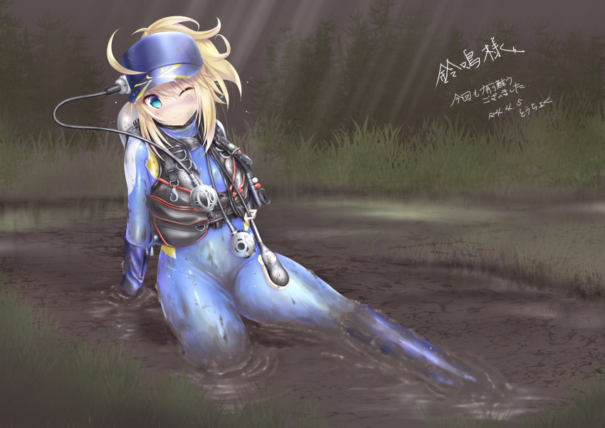 absurdres, ahoge, artoria_pendragon_(fate), baseball_cap, blonde_hair, blue_bodysuit, blue_headwear, bodysuit