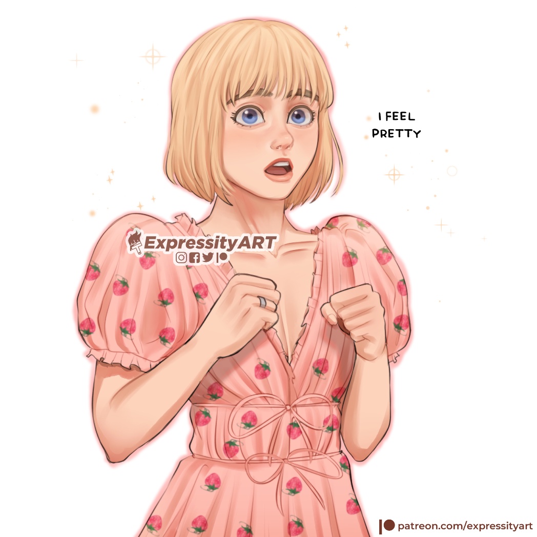 1boy, armin_arlert, blonde_hair, blue_eyes, crossdressing, dress, expressity, food_print, lips, male_focus, open_mouth, otoko_no_ko, pink_dress, shingeki_no_kyojin, simple_background, solo, strawberry_print, upper_body, web_address, white_background
