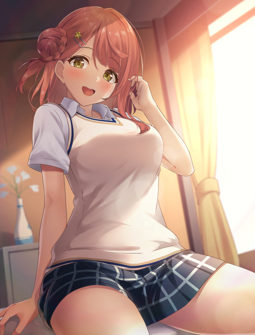 1girl, absurdres, bangs, beige_sweater_vest, black_skirt, blush, ceiling, collared_shirt
