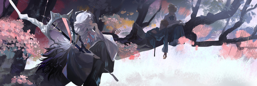 1girl, 2boys, ahoge, arthur_pendragon_(fate), artoria_pendragon_(fate), black_footwear, blonde_hair, blue_bow