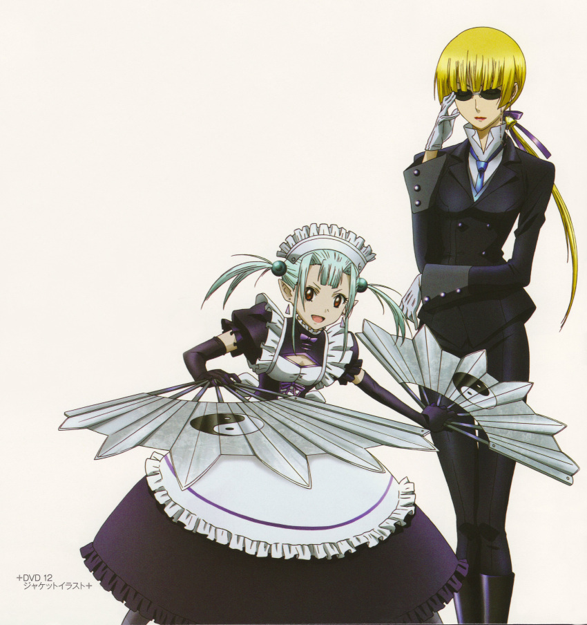 2girls, aqua_hair, bangs, black_gloves, blonde_hair, blunt_bangs, d.gray-man, earrings