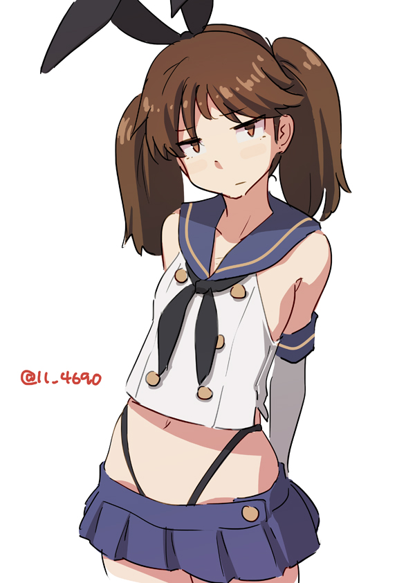1girl, 4690_(tkpbsk), black_hairband, black_neckerchief, black_panties, blue_skirt, brown_eyes, brown_hair, cosplay, crop_top, elbow_gloves, flat_chest, gloves, hairband, highleg, highleg_panties, kantai_collection, microskirt, neckerchief, panties, pleated_skirt, ryuujou_(kancolle), school_uniform, serafuku, shimakaze_(kancolle), shimakaze_(kancolle)_(cosplay), skirt, solo, thong, twintails, underwear, white_gloves