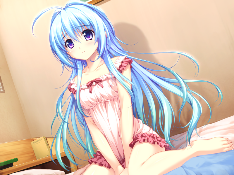 1girl, ahoge, alpha_(yukai_na_nakamatachi), bangs, barefoot, bed_sheet, between_legs, blush