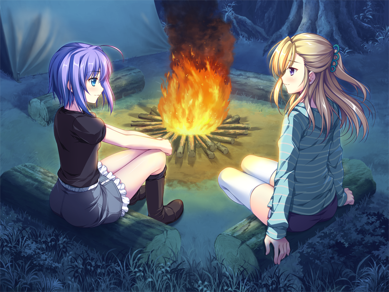 2girls, alpha_(yukai_na_nakamatachi), bangs, black_footwear, black_shirt, blonde_hair, blue_eyes, campfire