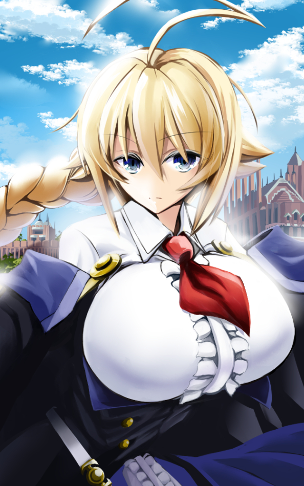 1girl, ahoge, bangs, blazblue, blonde_hair, blue_eyes, braid, breasts, center_frills, clouds, es_(xblaze), expressionless, eyebrows_visible_through_hair, frills, huge_ahoge, huge_breasts, koneko_(purinkypix), looking_at_viewer, necktie, ponytail, red_necktie, single_braid, solo, underbust, upper_body, xblaze