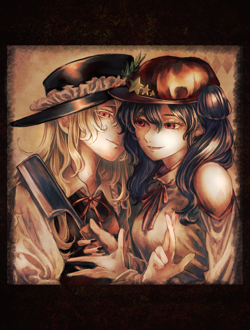 2girls, ancient, bare_shoulders, black_headwear, black_vest, blonde_hair, breasts, brown_background, butcher, butcher_knife, cabbie_hat, collared_shirt, colored_eyelashes, commentary_request, detached_sleeves, dolls_in_pseudo_paradise, eyelashes, fedora, film_grain, flat_cap, frilled_hat, frilled_shirt_collar, frills, hat, hat_feather, hat_ornament, highres, holding, holding_knife, jacket_girl_(dipp), jun_harukawa, knife, label_girl_(dipp), long_sleeves, mandarin_collar, medium_breasts, medium_hair, multiple_girls, parted_lips, red_eyes, red_headwear, red_ribbon, ribbon, shirt, side_ponytail, small_breasts, star_(symbol), star_hat_ornament, touhou, upper_body, vest, white_shirt, white_sleeves, white_vest