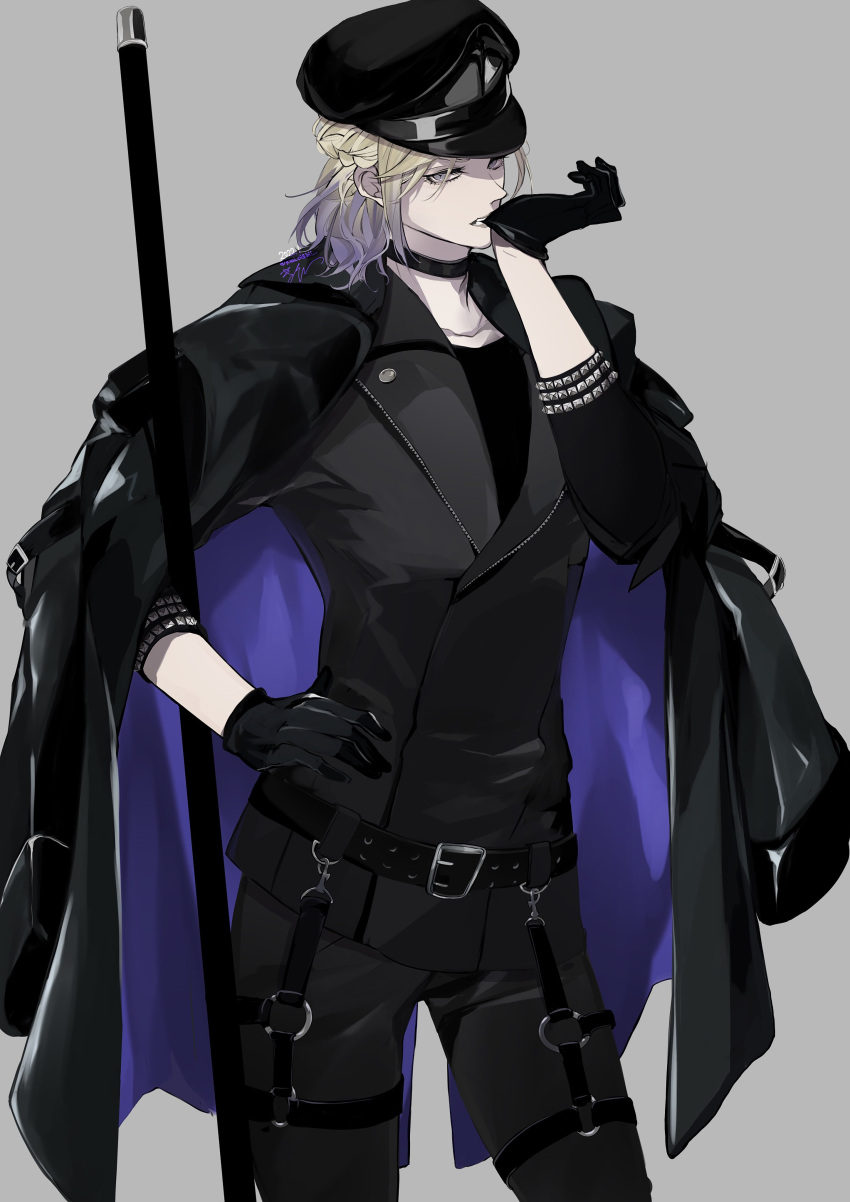 1boy, absurdres, belt, bishounen, black_belt, black_coat, black_gloves, black_pants, black_shirt, coat, commentary_request, gloves, highres, kiui_(kogane), long_hair, long_sleeves, male_focus, pants, shirt, solo, strap, twisted_wonderland, vil_schoenheit, waistcoat