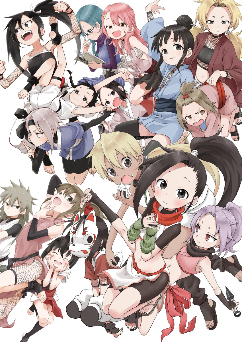 6+girls, :d, absurdres, asagao_(kunoichi_tsubaki_no_mune_no_uchi), benisumomo, bike_shorts, black_eyes, black_hair