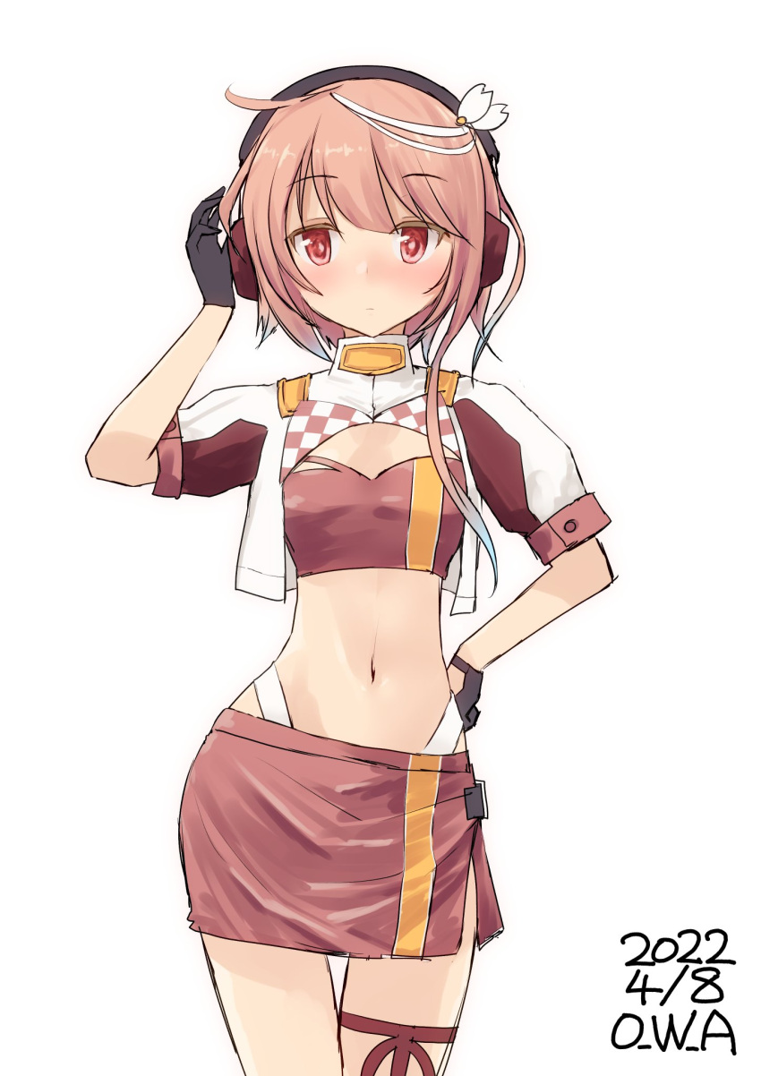 1girl, ahoge, artist_name, black_gloves, cosplay, cowboy_shot, cropped_jacket, dated