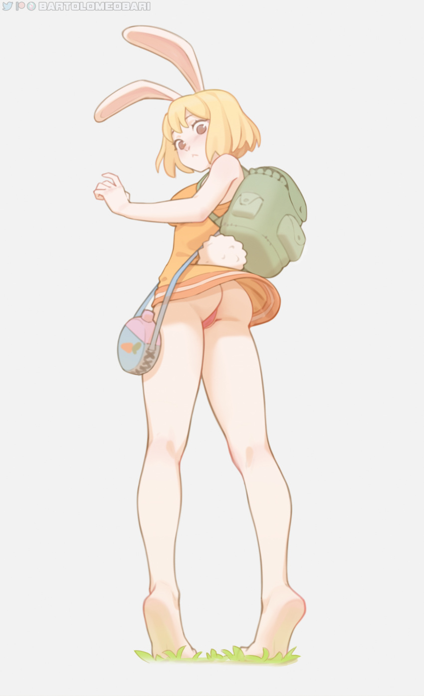 1girl, :<, animal_ears, artist_name, ass, backpack, bag, bare_arms, bare_legs, bare_shoulders, barefoot, bartolomeobari, blonde_hair, brown_eyes, carrot_(one_piece), commentary, dress, english_commentary, from_behind, full_body, grey_background, highres, looking_at_viewer, looking_back, no_pupils, one_piece, orange_dress, panties, rabbit_ears, rabbit_girl, rabbit_tail, red_panties, short_dress, short_hair, simple_background, solo, tail, tiptoes, underwear