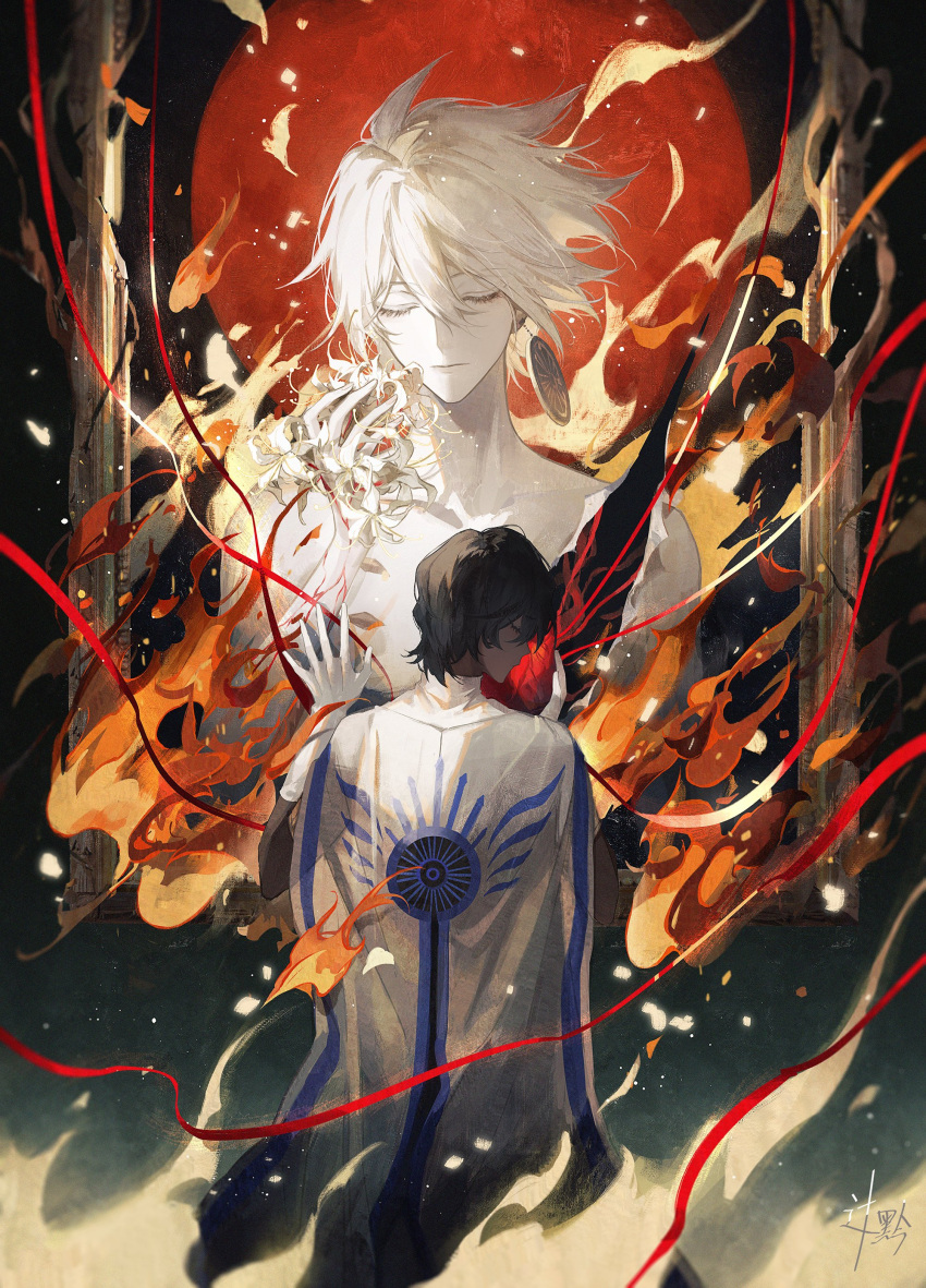 2boys, absurdres, arjuna_(fate), bangs, bishounen, black_hair, commentary_request, dark-skinned_male