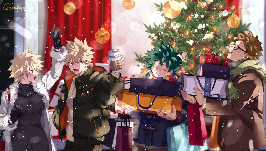 1girl, 3boys, bakugou_katsuki, bakugou_masaru, bakugou_mitsuki, black_gloves, blonde_hair, blue_coat, boku_no_hero_academia, brown_coat, brown_hair, christmas, christmas_ornaments, christmas_tree, closed_eyes, coat, cup, disposable_cup, dress, facial_hair, family, freckles, fur_trim, gift, glasses, gloves, green_coat, green_hair, green_scarf, hand_in_pocket, highres, holding, holding_cup, holding_gift, looking_at_another, mature_female, mature_male, midoriya_izuku, multicolored_clothes, multicolored_scarf, multiple_boys, open_mouth, red_eyes, scallopojisan, scarf, snow, snowing, spiky_hair, striped, striped_scarf, stubble, sweatdrop, sweater, sweater_dress, twitter_username, waving, white_coat