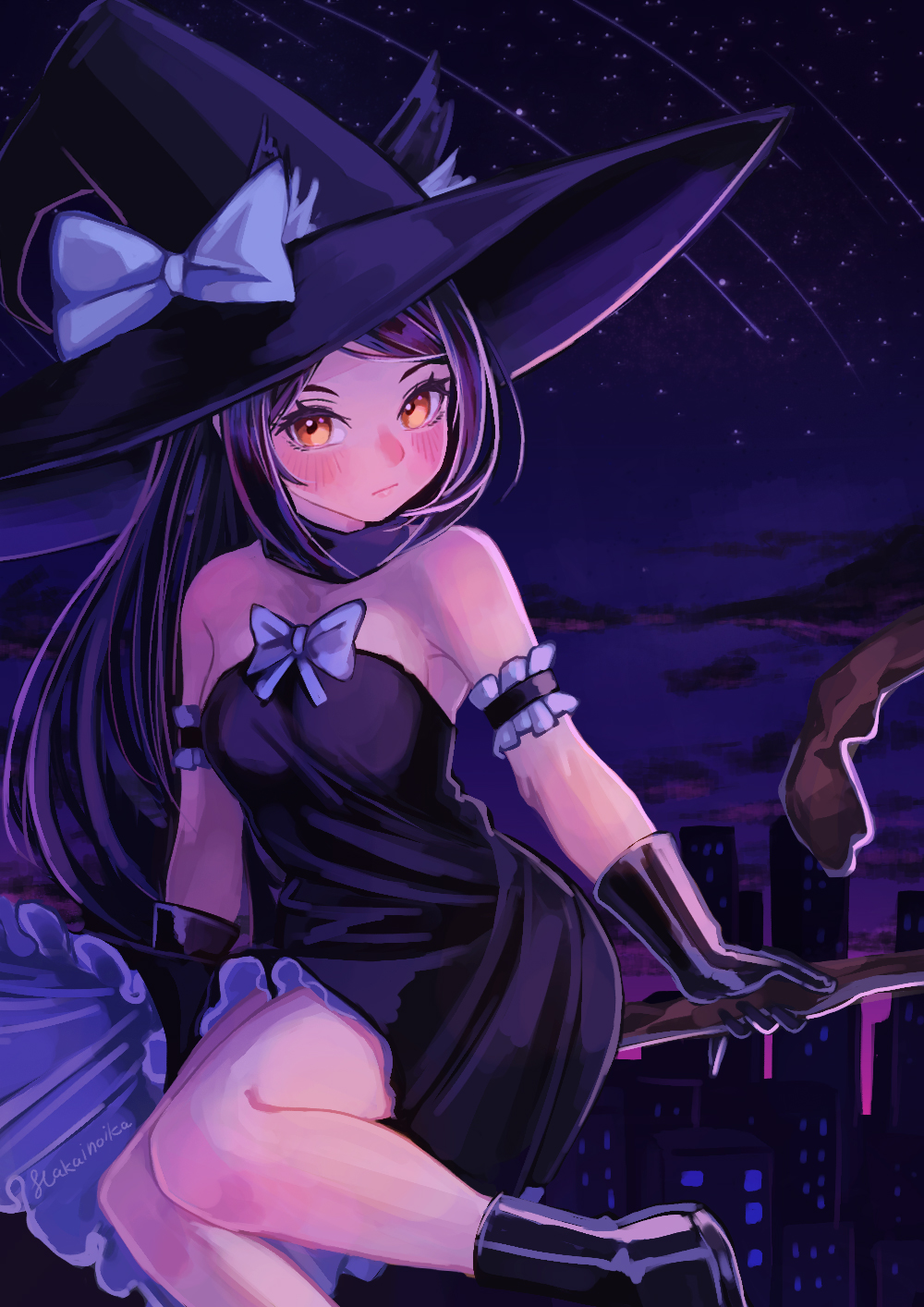 1girl, amber_eyes, armband, bare_shoulders, black_armband, black_dress, black_footwear, black_gloves, black_hair, black_legwear, black_scarf, blue_bow, blue_bowtie, blush, boots, bow, bowtie, city_lights, cityscape, clouds, cloudy_sky, dress, dusk, ears_through_headwear, flower_witch, flying, frilled_armband, frilled_dress, frills, gloves, hakai_no_ika, hat, highres, long_hair, looking_at_viewer, nako_(flower_witch), night, night_sky, outdoors, scarf, shooting_star, short_dress, sky, skyline, sleeveless, sleeveless_dress, star_(sky), strapless, strapless_dress, sunset, witch, witch_hat, wooden_staff