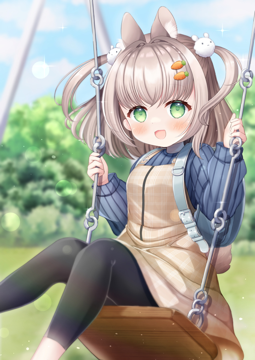 1girl, absurdres, animal_ear_fluff, animal_ears, backpack, bag, black_legwear, blue_sweater