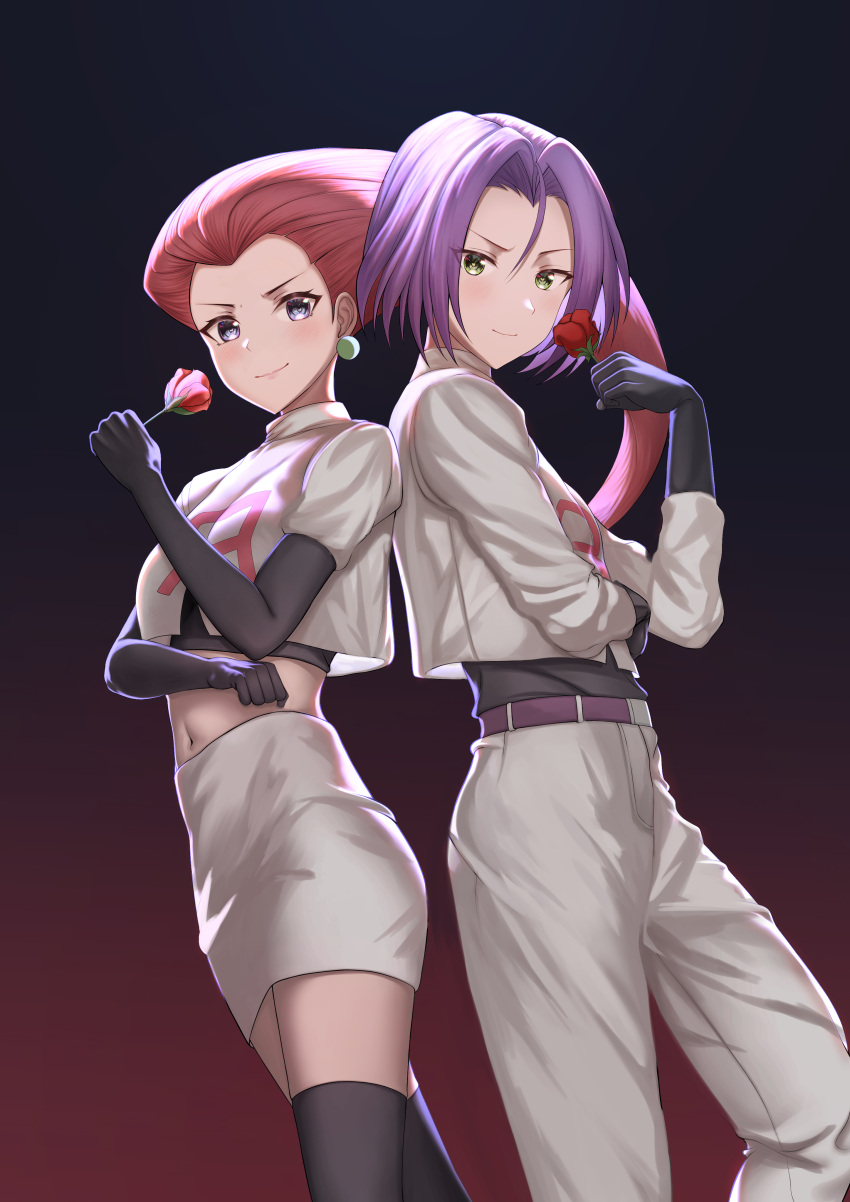 1boy, 1girl, absurdres, belt, belt_buckle, black_footwear, black_gloves, blush, boots, buckle, closed_mouth, commentary_request, earrings, elbow_gloves, eyelashes, flower, gloves, gradient, gradient_background, green_eyes, grey_eyes, guisin_(chibi_ghost), hand_up, highres, holding, holding_flower, jacket, james_(pokemon), jessie_(pokemon), jewelry, long_hair, looking_at_viewer, navel, pokemon, pokemon_(anime), purple_belt, purple_hair, red_flower, redhead, skirt, smile, team_rocket, team_rocket_uniform, thigh-highs, thigh_boots, white_jacket, white_skirt