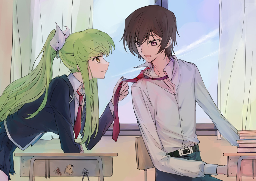 1boy, 1girl, belt, black_dress, book, c.c., chair, cheese-kun, code_geass, curtains, desk, dress, food, highres, lelouch_lamperouge, necktie, okuseric, open_mouth, pizza, red_necktie, shirt, sky, smile, sticker, table, white_headwear, white_shirt, window