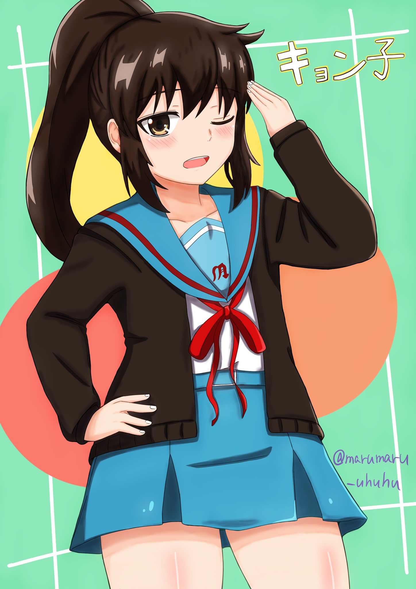 1girl, artist_name, bangs, belt, blue_belt, blue_sailor_collar, blue_skirt, blush