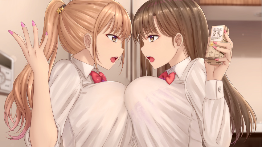 2girls, absurdres, bangs, bow, bowtie, breast_press, breasts, brown_eyes